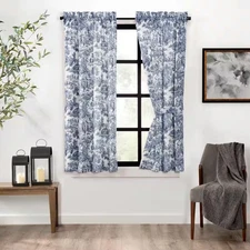 Victoria Park Blue Cotton Toile Rod Pocket Room Darkening Curtain - 34 In. W X 6