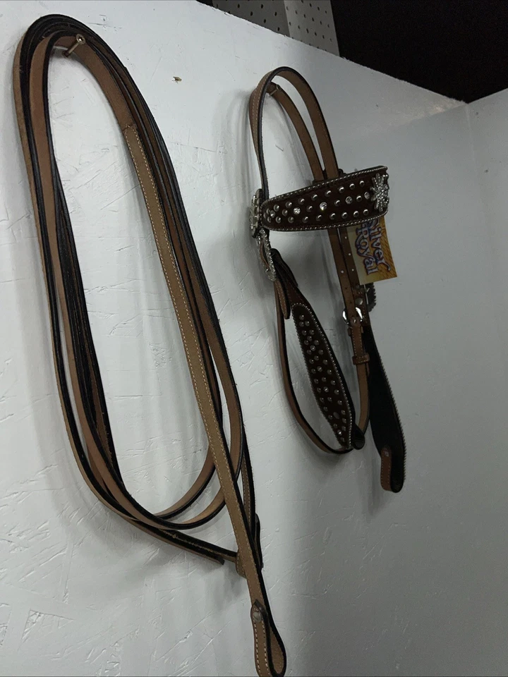 Nuevo cabecero de cuero plateado con cuentas reales de diamante con riendas divididas U-35 Foto 3 de 4