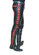 Men's Black Leather Pants Pure Sheepskin Side Red Laced Up Bikers Jeans Pant