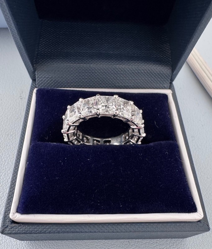 10.5 carats, radiant cut, 5 mm width, lab grown eternity band, platinum, sz 6