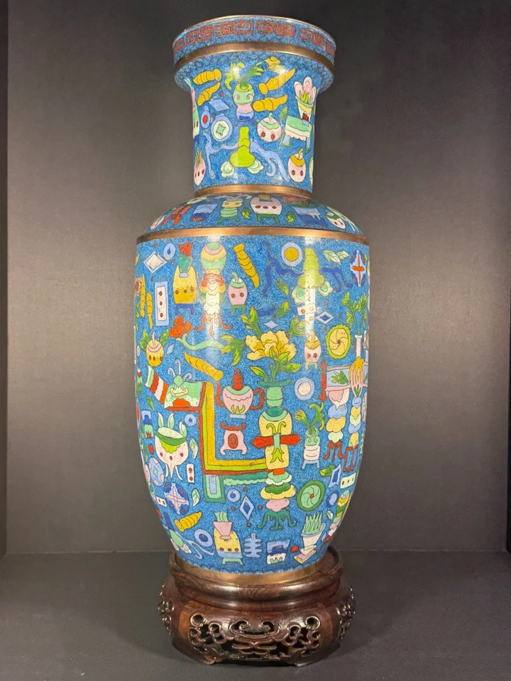 Chinese Cloisonné Vase 18.5” Signed, Mid-Century Contemporary Style w/ Stand - Image 3 of 4