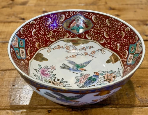 Vintage Large Hand-Painted Chinese Famille Rose Hand-Painted Porcelain Bowl