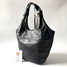 Tory Burch Black Leather Tote Bag with Gold Double T Logo Authentic Women JAPAN