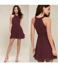LULUS Burgundy Lovers Game Lace Skater Halter Dress Size Medium NWT