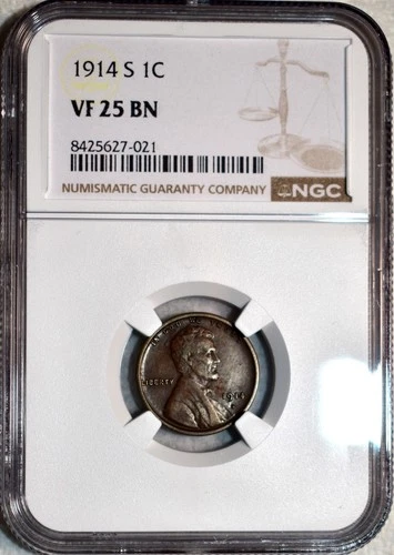 NGC VF-25 BN 1914-S Lincoln Cent, Sharply Detailed, PQ specimen.