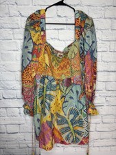 Farm Rio Tropical Print Blouse XL Smocked Boho Colorful Resort Top Read Before
