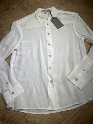AllSaints White Rivet Shirt Snap Front Blouse Silk Blend Collared US 2 NWT $230