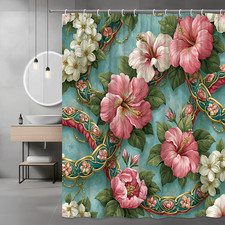 Tropical Floral Shower Curtain Pink Hibiscus on Blue Background