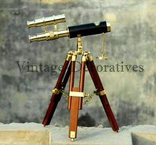Brass Decor Working Nautical Double Barrel Marine Telescope Wooden Tripod Stand 