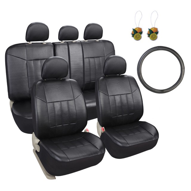Universal Car Seat Covers PU Leather Full Set Black Free Steering
