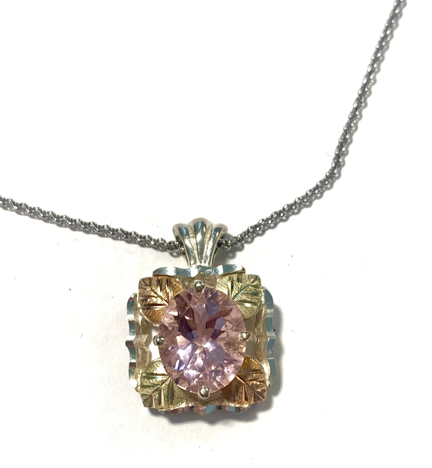 Coleman Black Hills Gold 12k Leaf & 925 Sterling Pink Helenite Pendant