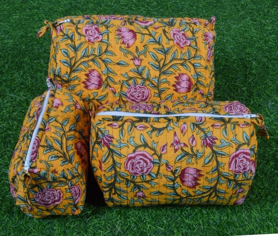 3 PC Indian Cotton Quilted Toiletry Bags Women's Cosmetic Makeup Storage Case