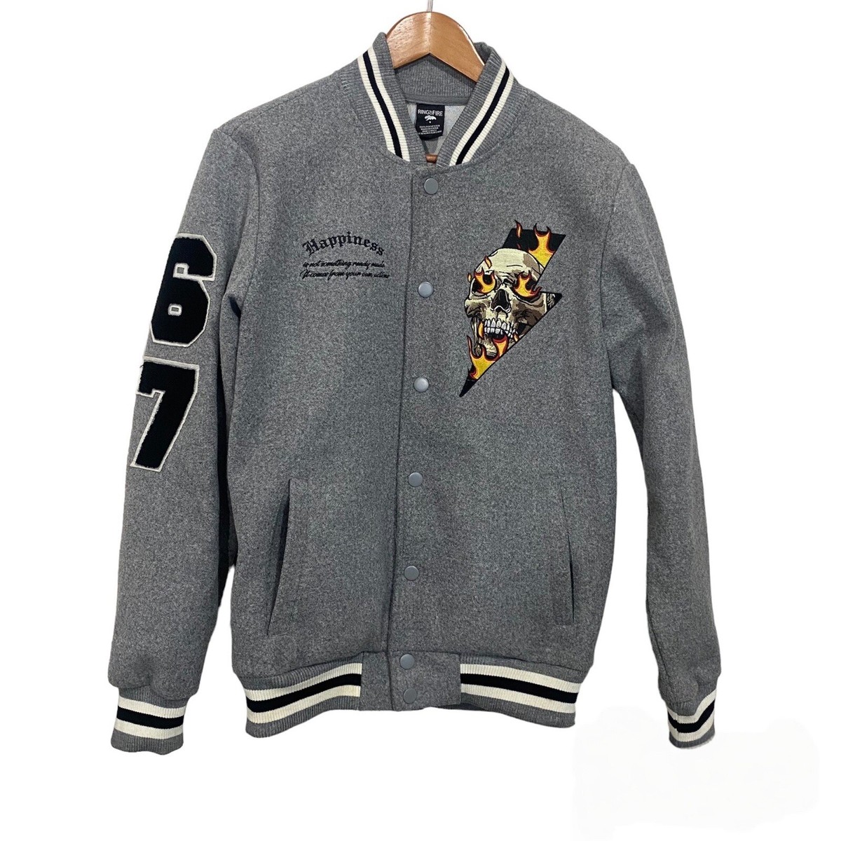 Ring of Fire Varsity Letterman Fleece Skull Fire Lightning