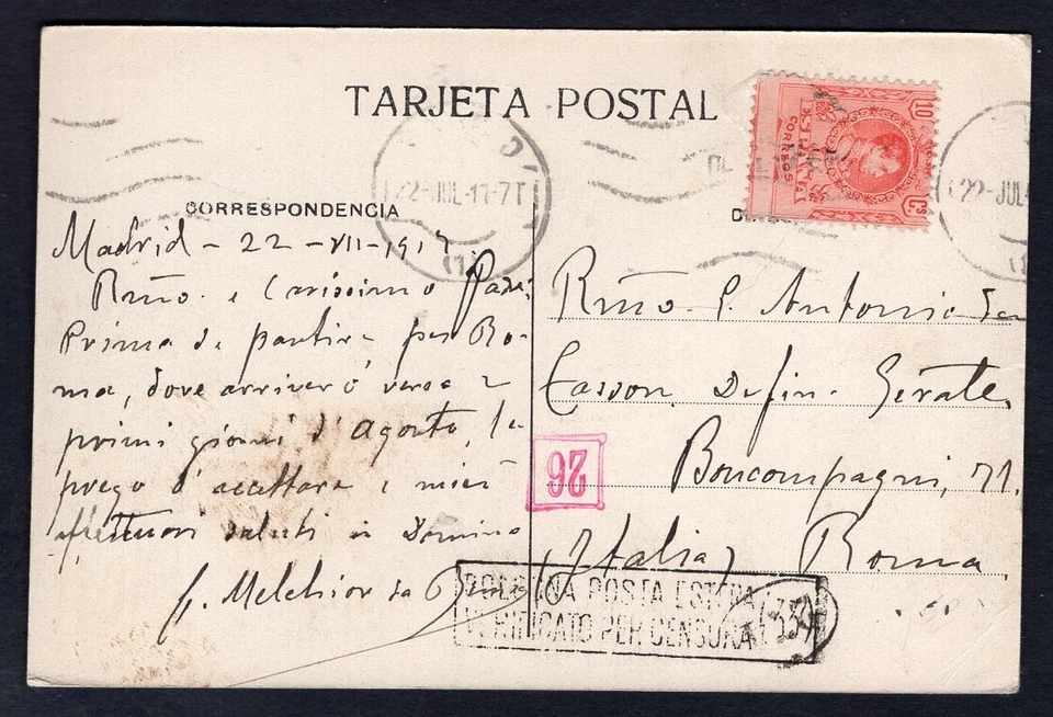 SPAIN 1917 Censored Picture Postcard to Italy. Madrid Bridge - Image 2 of 3