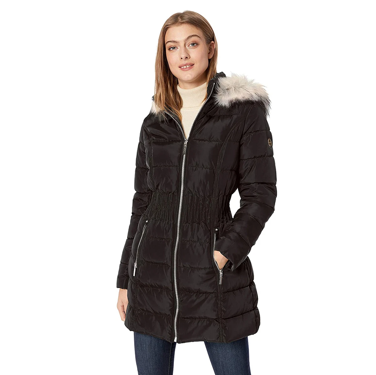 Laundry by Shelli Segal Coat Polyester Black Cinch Waist Down Puffer Hooded New