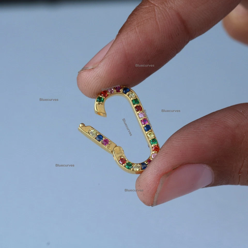 Rainbow Sapphire Enhancer Oval Charm Pendant Lock In 14k Yellow Gold Jewelry - Image 4 of 4