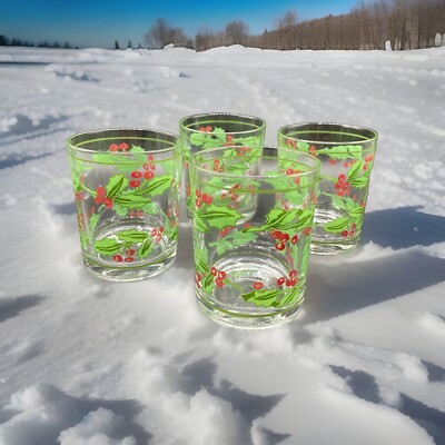 Sango White Christmas All Purpose Executive Glasses 14oz Holly Set of 4 Vintage