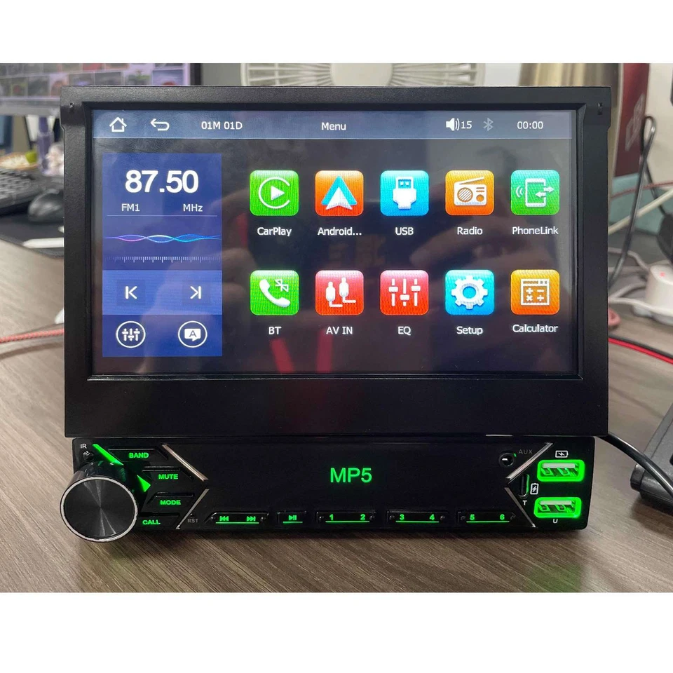 Radio estéreo para automóvil con pantalla táctil abatible de 7" única 1 DIN Bluetooth Carplay + cámara Foto 4 de 4