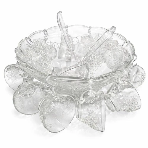 Vintage Anchor Hocking Glass Punch Bowl with 12 Cups Grape Leaf Pattern + Extras