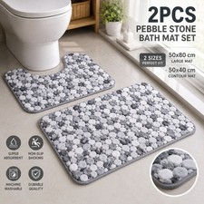 2PCS Non Slip Shower Mat Soft Absorbent Bathroom Rug Pebble Stone Bath Mat Set