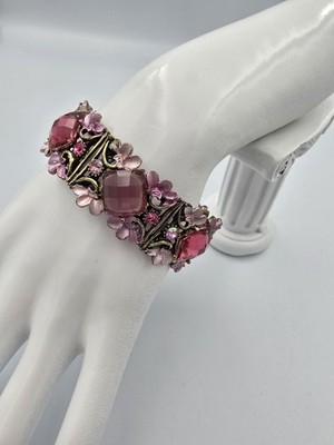 Vintage Style Pink Crystal Floral Stretch Bracelet Antique Gold Tone Fashion