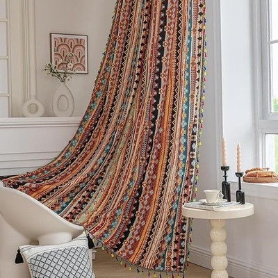 Boho Curtains Geometric Light Filtering Semi-Blackout Window Curtains 96 Inch...