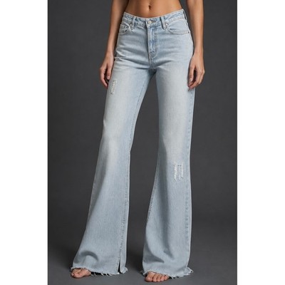 Avec Les Filles Light Wash Distressed Flare Jeans Split Raw Hem 30 80212