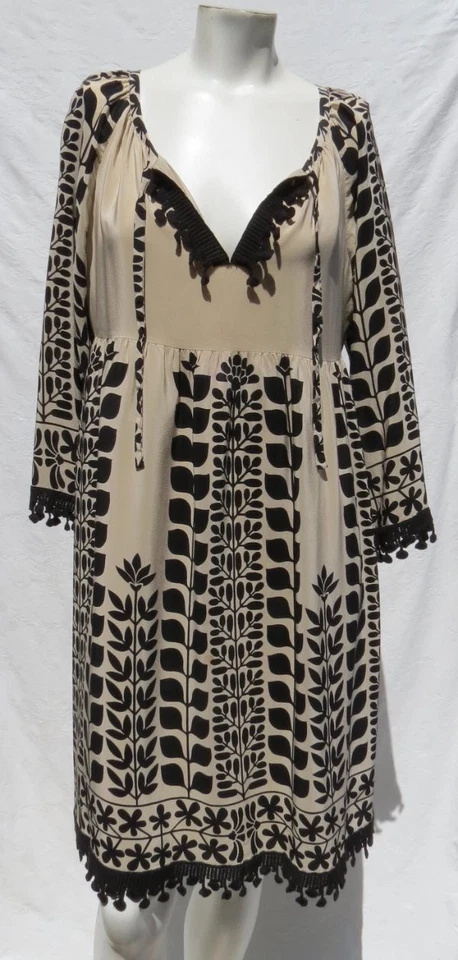 Vestido Anna Sui US Para Mujer 8 M Beige Negro Estampado Ojales Encaje Seda Fiesta Noche Foto 2 de 4