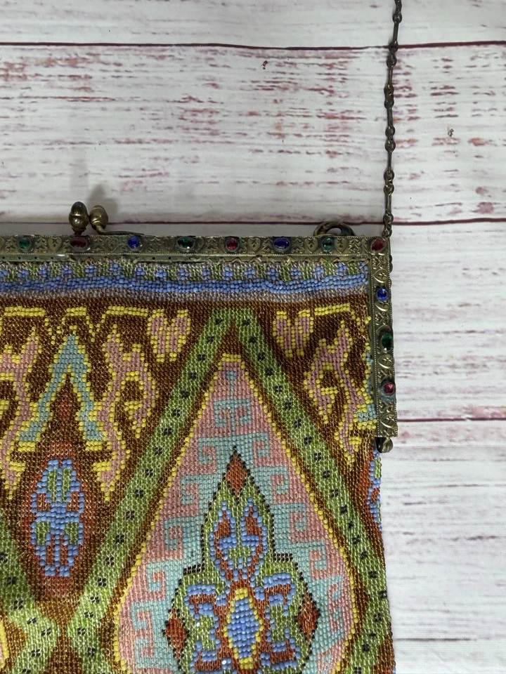 1920's Antique French Steel Cut Micro Beaded Art Geometric Deco Bag Purse - Image 4 of 4