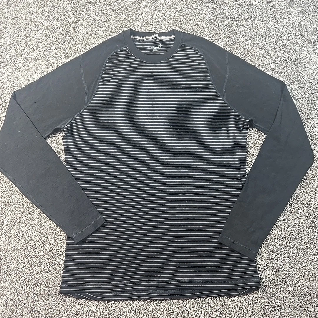 Smartwool Shirt Mens XL Black Striped 100% Merino Wool Base Layer Long Sleeve