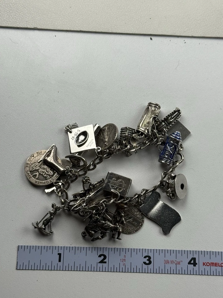 Vintage Sterling Silver Charm Bracelet 7.5" 25 Charms Travel Religious Phone - Image 2 of 4
