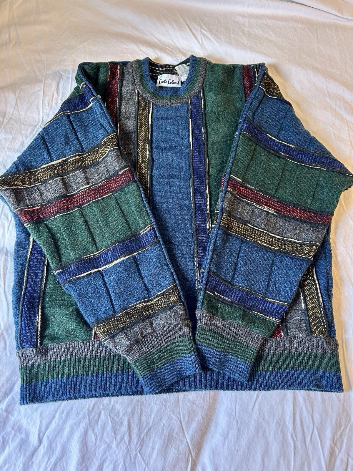 Vintage Carlo Colucci Germany Wool Blend Sweater Multicolor Stripe 3D Knit Sz.50
