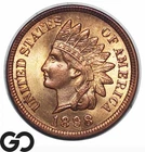 1898 Indian Head Cent Penny, RED, Lustrous Solid Gem BU++ RD