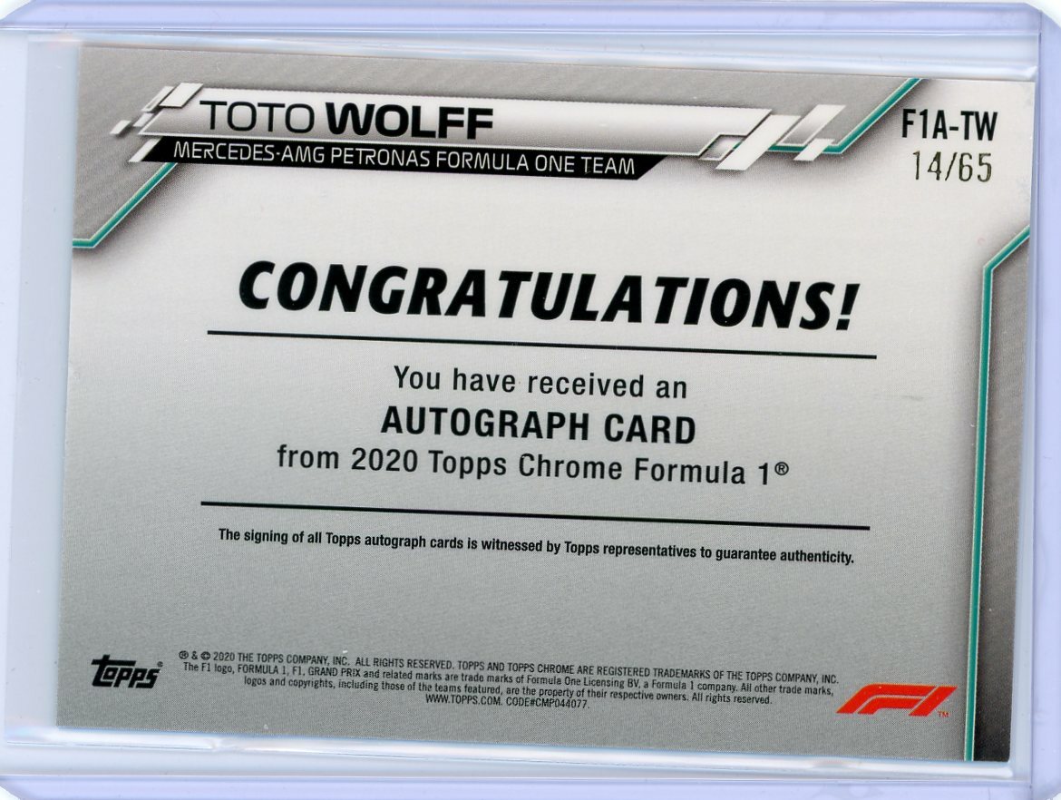 2020 Topps Chrome Formula 1 Refractor Autograph #FTA-TW Toto