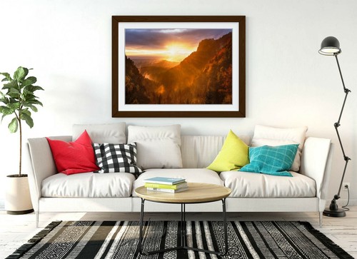 PUESTA DE SOL DEL BOSQUE DE MONTAÑA - PÓSTER ENMARCADO DE ARTE IMAGEN IMPRESIÓN OBRA DE ARTE - AMARILLO PÚRPURA - Imagen 5 de 10