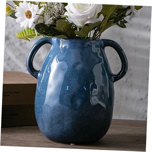 with 2 Handles, Modern Farmhouse Vase for Home Decor, Rustic Blue Ceramic Vase