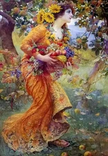 Oil painting The Orchard beautiful young girl with fruits in forest in autumn