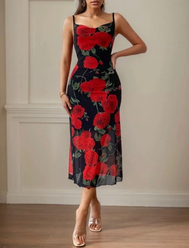 **Womens Black Roses Red Dress Sexy Strech Plus Size 2025 Fashion Outfit - Picture 6 of 7