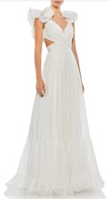 NWT Mac Duggal Ruffle Tiered Cutout Chiffon Gown Empire Waist Womens White SZ 4