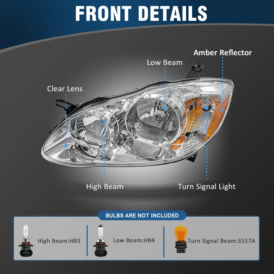 Headlights For 03-08 Toyota Corolla Chrome Housing Amber Reflector Clear Lens Foto 2 de 4