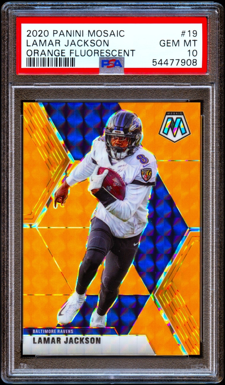 2020 Panini Mosaic Lamar Jackson #19 Orange Fluorescent #/25 Prizm PSA 10 Ravens
