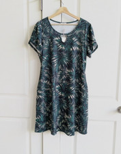 HOTOUCH T-Shirt Dress Women XL Green Palm Print Keyhole Neck Pockets Easy Comfy