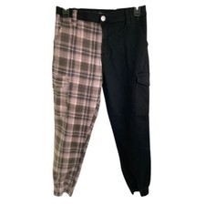 Almost Famous Size Medium Plaid and Solid Pant Jogger Legs Black