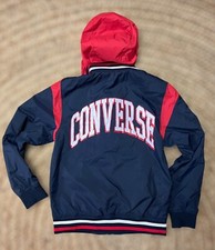 Converse Kids Bomber Jacket Coat Blue Red Logo Hooded Full Zip Medium 10-12 Yr