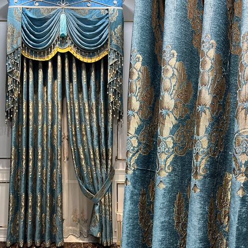 Rideaux Luxueux Velours Bleu Occultants Avec Tulle, Pour Fenêtre Française