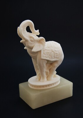 Trunk Up Lucky Elephant Carved White Carrara Marble on White Base Italy