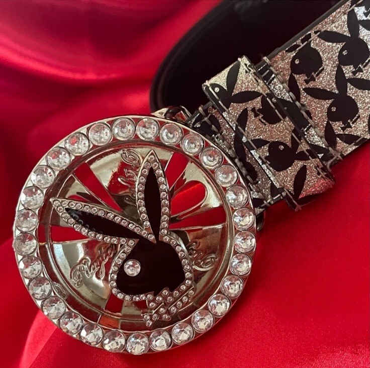 Y2K Rhinestone Playboy Spinner Buckle w/Silver & Black Metallic Belt