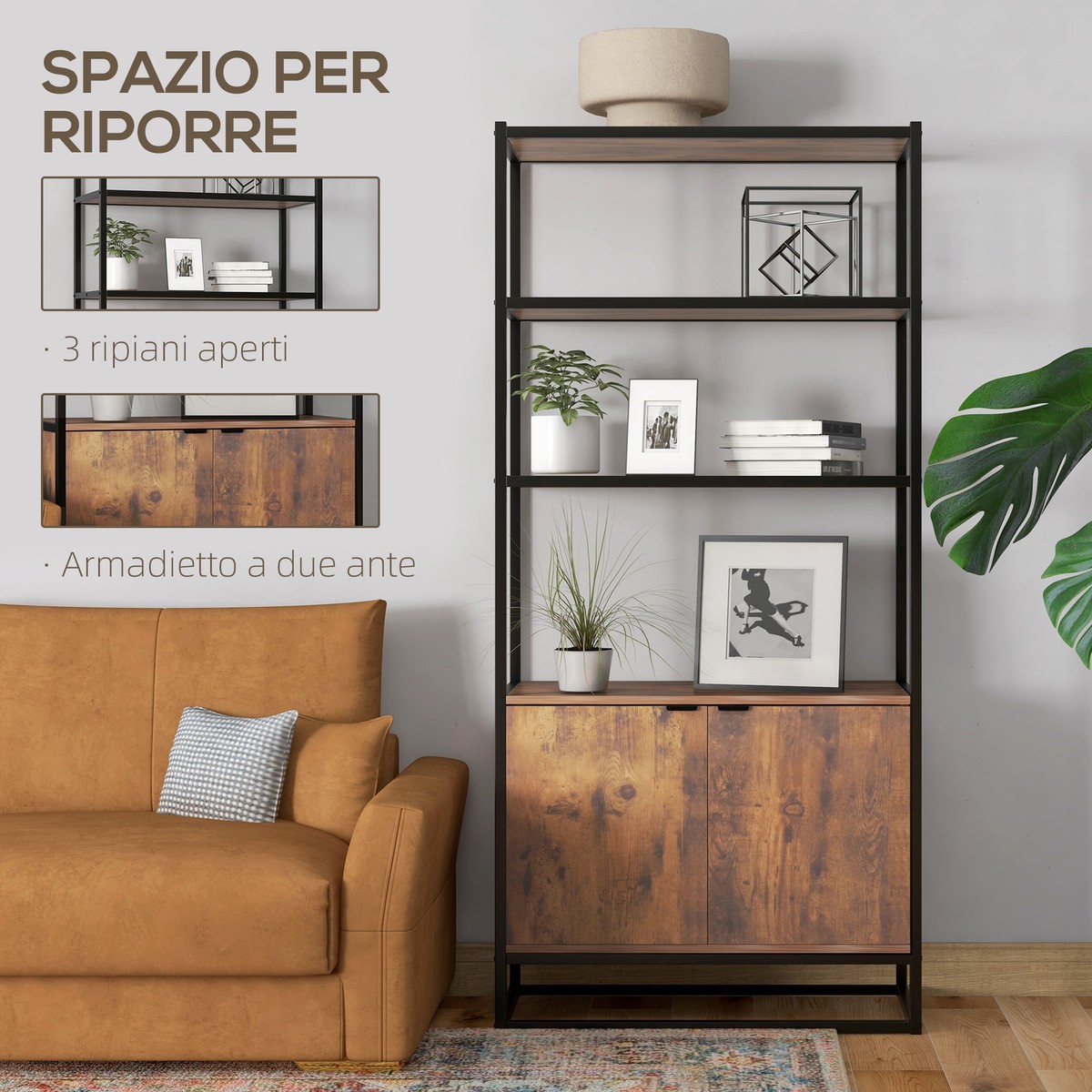 Scaffale In Legno E Metallo Nero - 3 Ripiani - 1 Cassettiera In Legno E Canna - Fissaggio A Parete Fsc 70 60x35x184 Cm 90521058