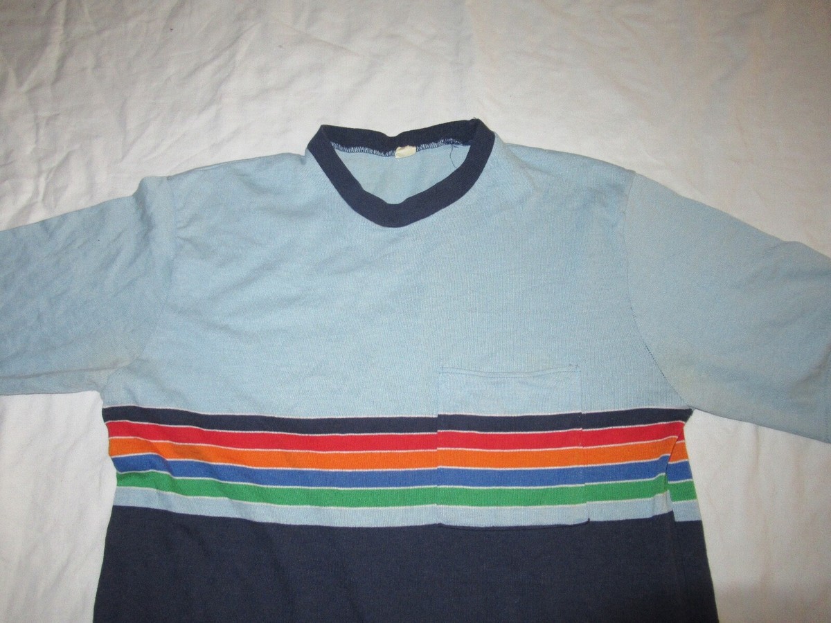VINTAGE 70s STRIPE T-SHIRT M BLUE POCKET TEE SURFING 60s HAWAII