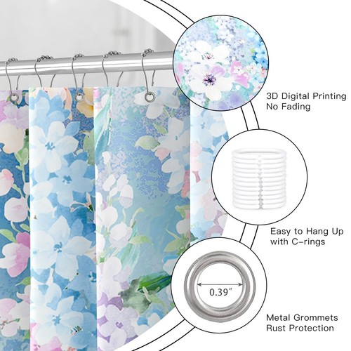 Blue Floral Shower Curtain Colorful Flower Fabric Shower Curtain for Bathroom... - Picture 4 of 6